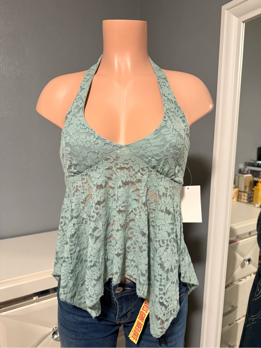 Lace Halter Top in Sage Green